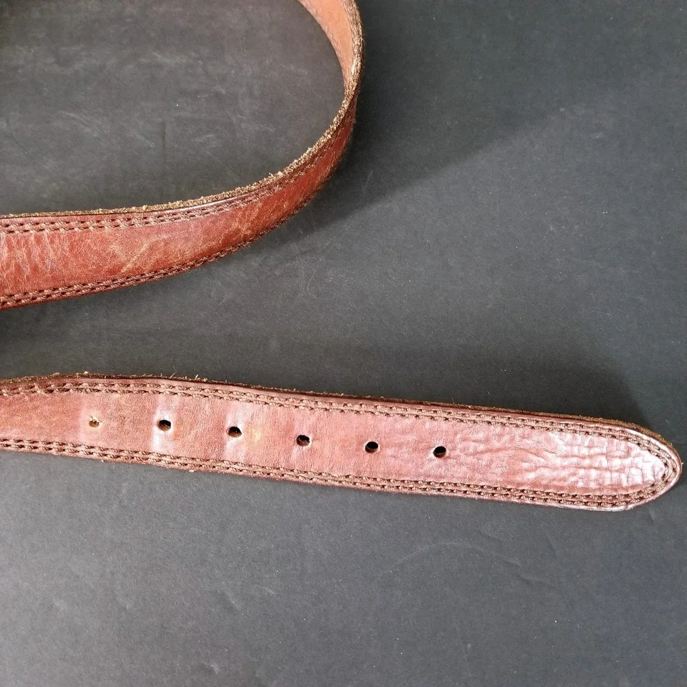 Mens Brown Genuine‎ Leather Double Stitched Belt Silver Buckle Size 40 Gorpcore